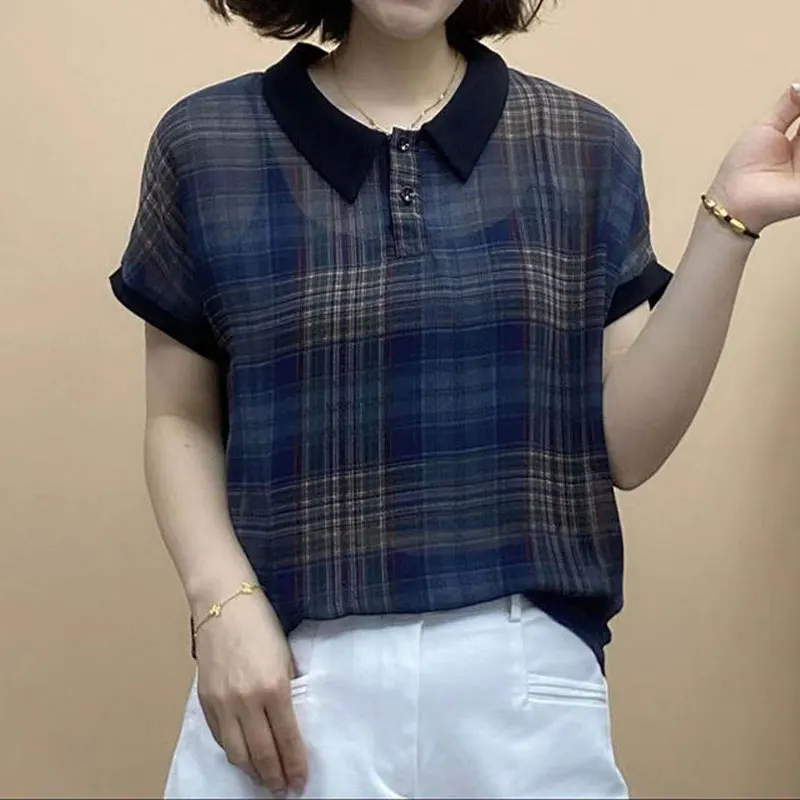 Female Clothing Vintage Plaid Blouse Casual Peter Pan Collar 2024 Summer Stylish Button Spliced Commute Loose Short Sleeve Shirt