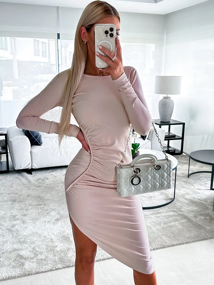 

New Spring Sexy Backless Party Dresses For Women 2024 Elegant Solid Slim Ruched High Split Irregular Hem Hip Midi Dress Vestidos