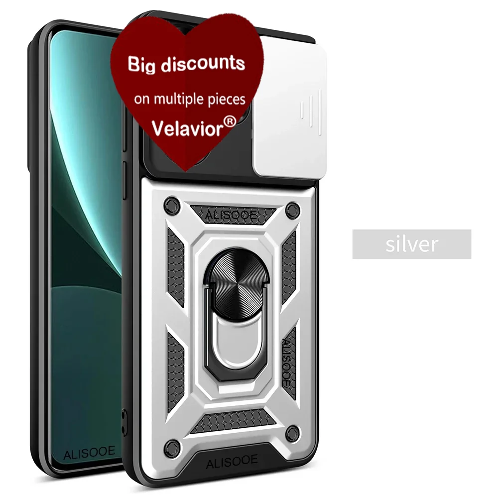 Durable Phone Case with Slide Lens Cover, Rotating Ring, and Shockproof Stand Holder