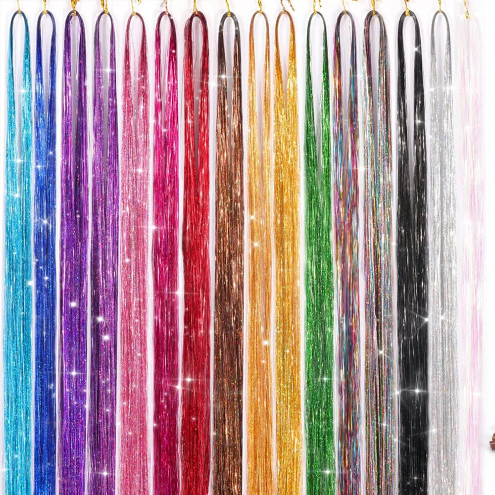 

120cm Sparkle Hair Tinsel Rainbow Colored Strands Girls Headwear Hairbinge Hair Laser False Hair Extensions Decor Glitter Strips