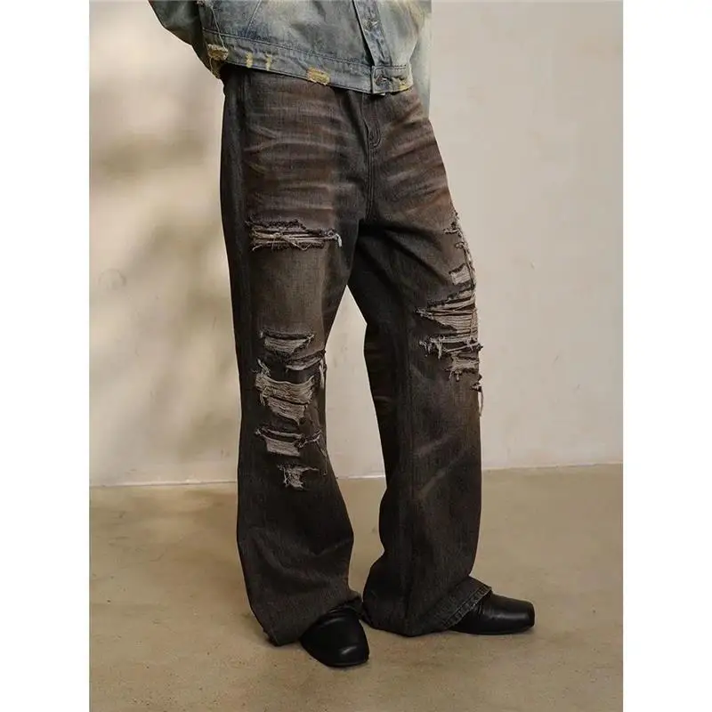 Retro American Waed Patchwork Men's Jeans Loose Micro Flared Dyeing Small ence Wide Leg Pants Daily Wear Long Trousers