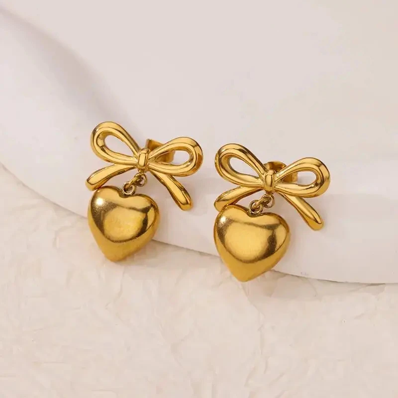Stainless Steel Bow and Heart Earrings for Women