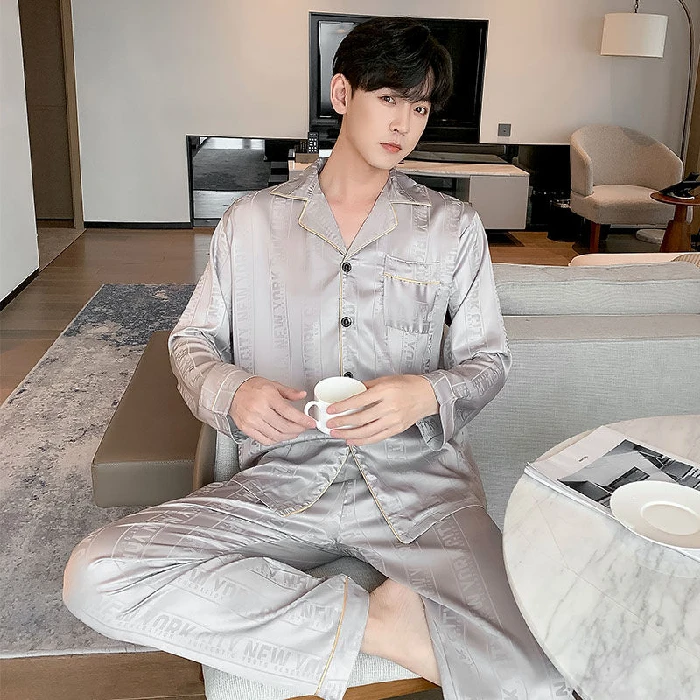 Men Satin Pajamas Set 5XL 85kg Long Sleeve Casual Home Wear Spring Autumn Ice Silk Boy Pajama Sets Leisure Saft Sleepwear Set white cotton pyjamas Pajama Sets