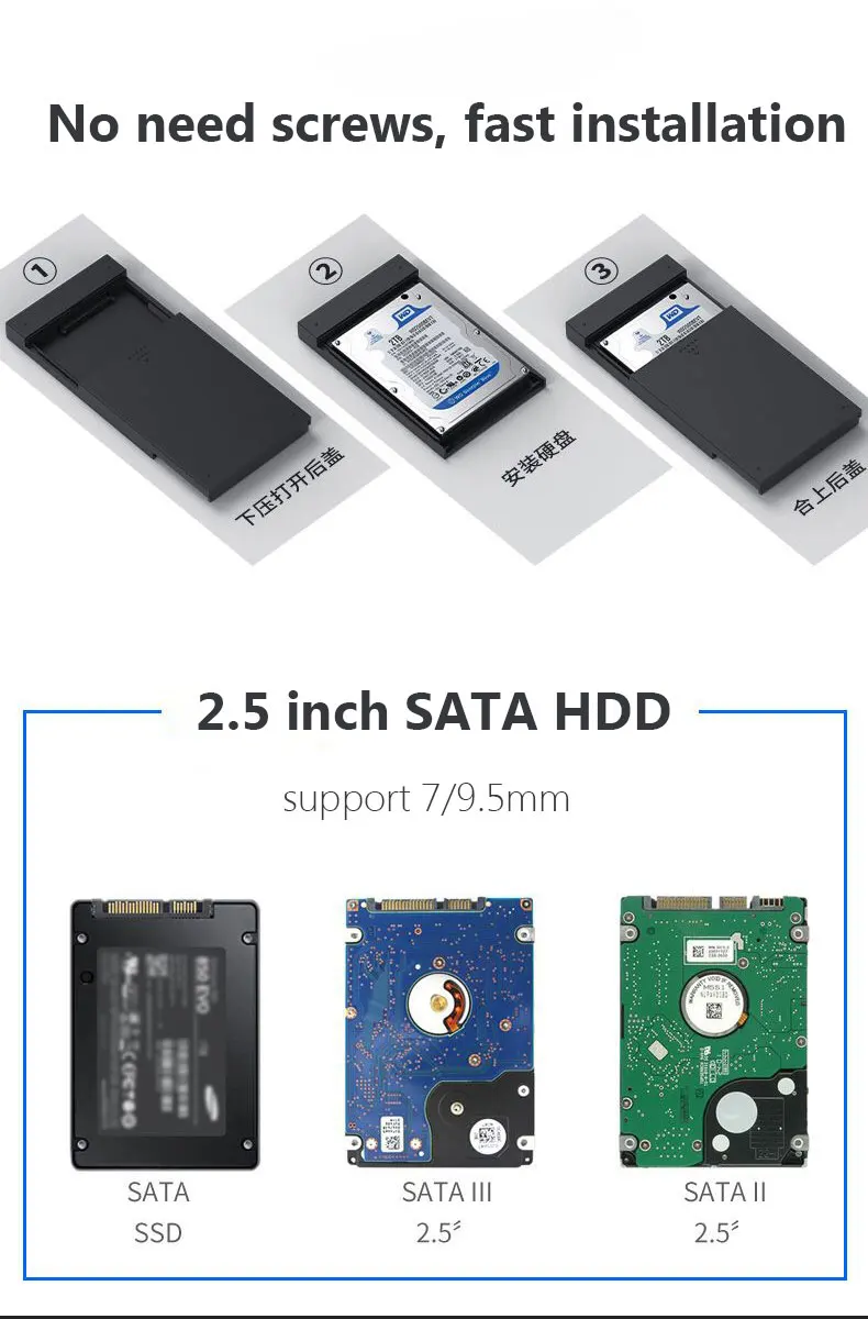 2.5 SATA to USB3.0/3.1 HDD Enclosure Mobile Hard Drive Cases support 6TB HDD for SSD External Storage CASE Blueendless