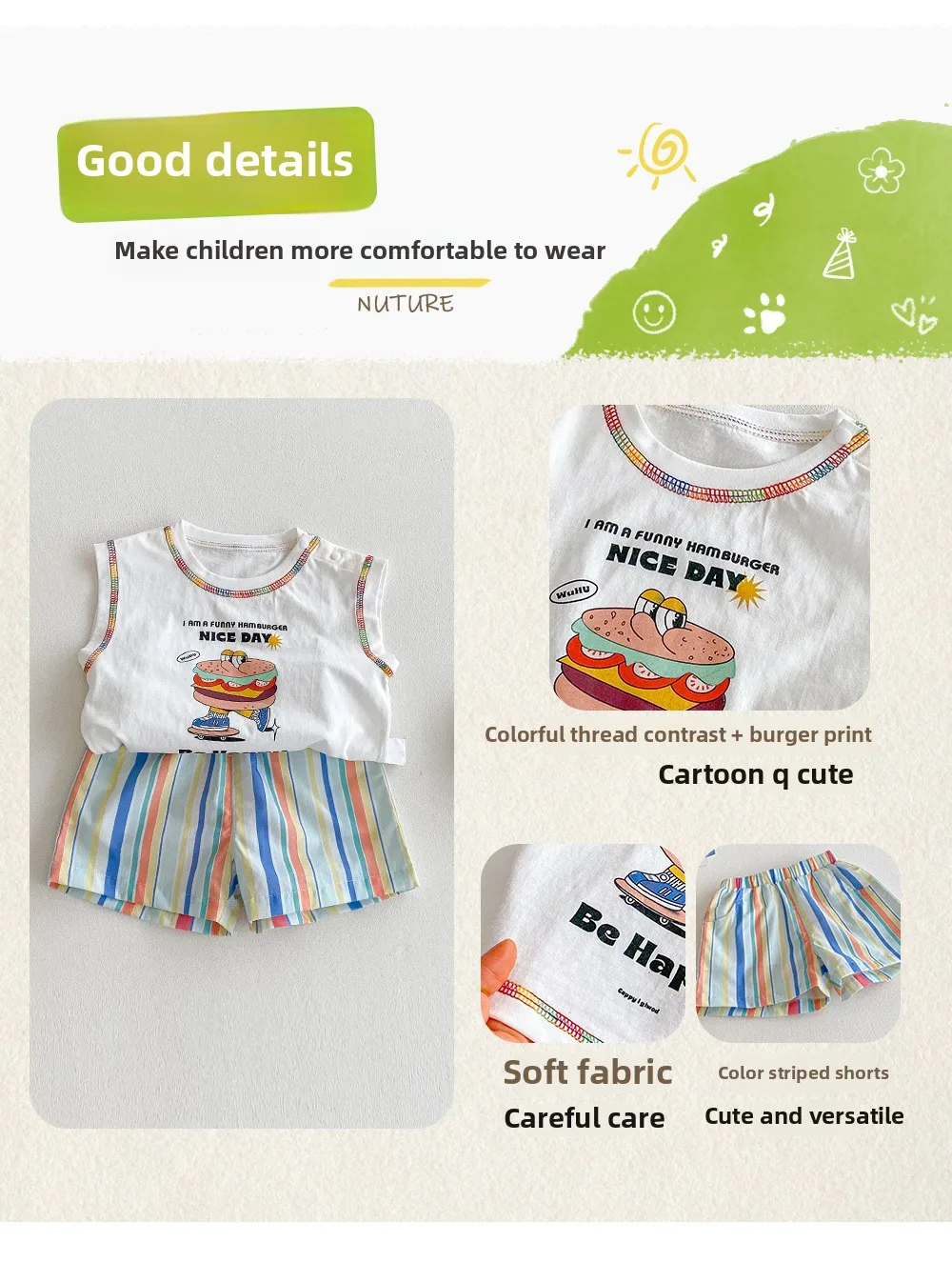 Children's Burger Tank Top 2025 New Summer Boys' Stylish Cartoon Printed T-shirt Baby Fashion Striped Shorts
