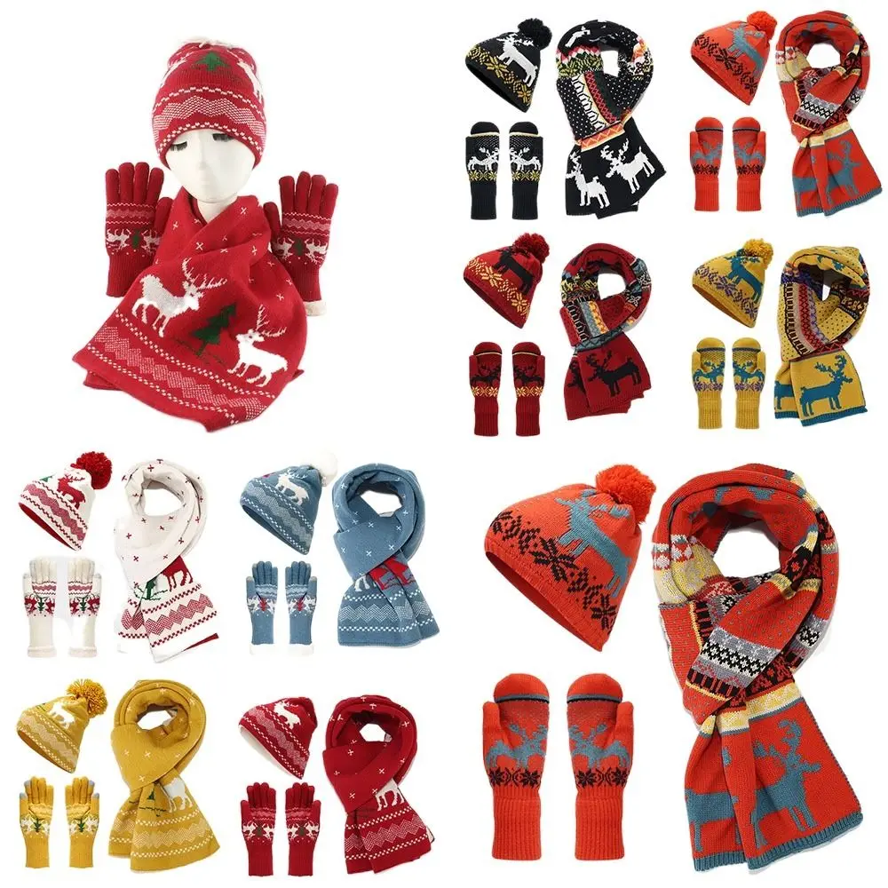 

Winter Warm Christmas Hat Scarf Gloves Set New Cold Protection Knitted Christmas Scarf Christmas Elk Beanie Cap Women and Men