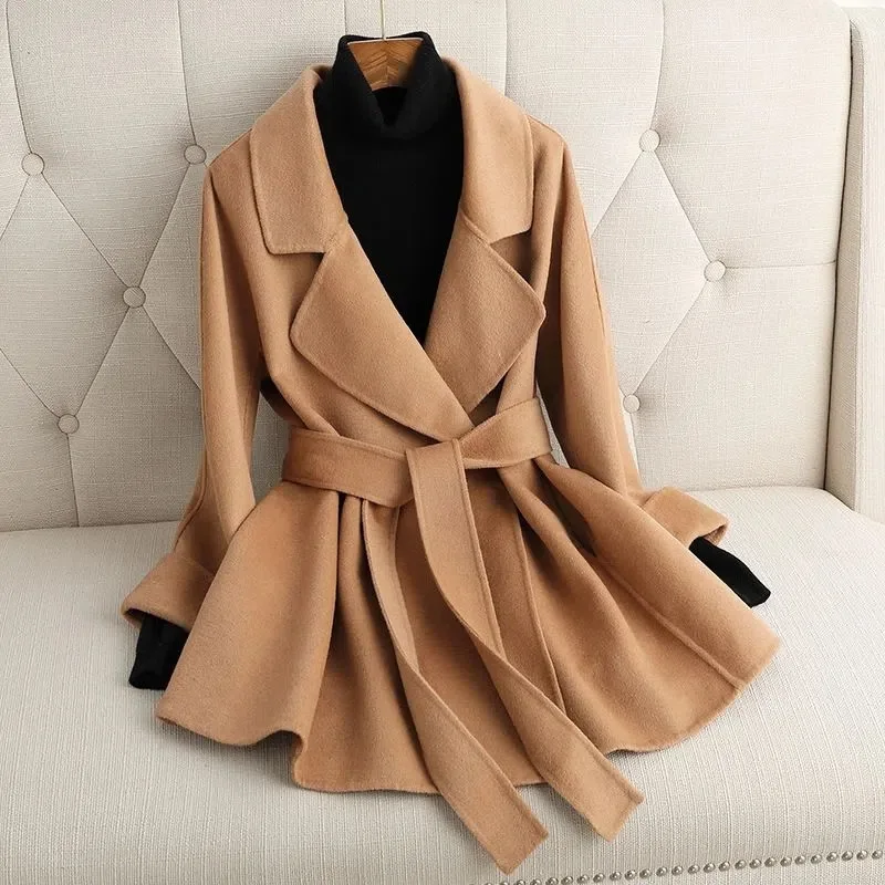 Double-Sided Felt Coat Female Autumn Winter 2023 New Small Camel Lace-up off the Shoulder Sleeve Loose Women's Coat Solid Color