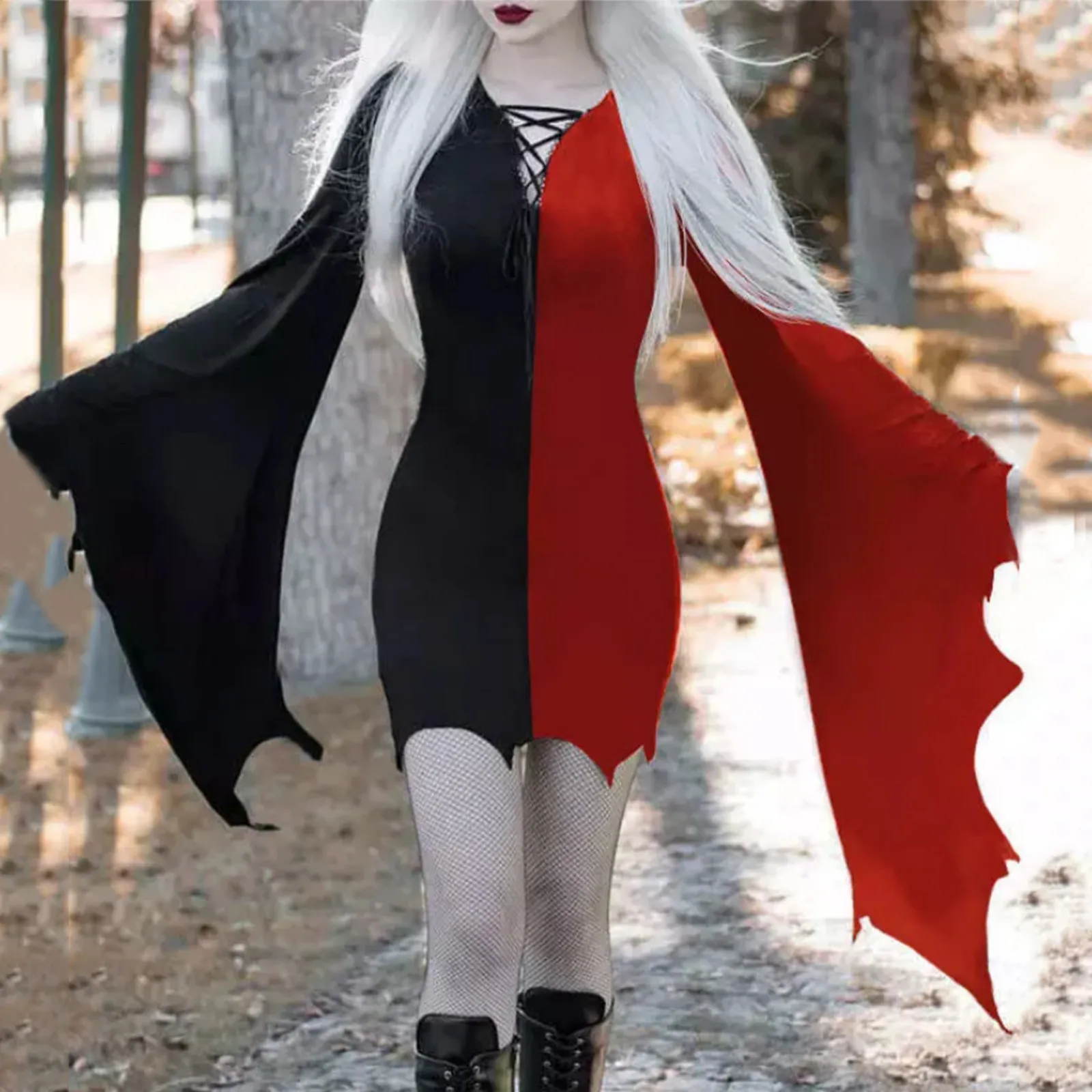 

Vintage Gothic Color Block Dress Women Harajuku Lace Up V Neck Batwing Sleeves Slim Fit Sexy Evening Dress Christmas Streetwear