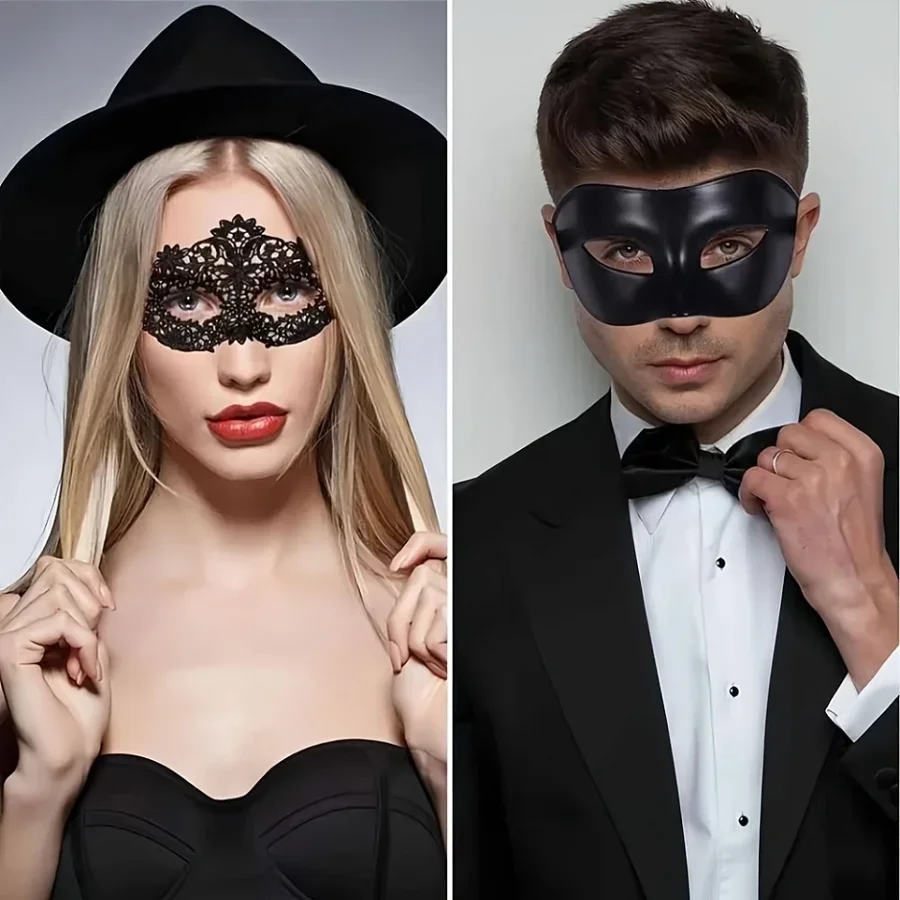 Lace Masquerade Mask 2pcs Black Lace Masquerade Mask Set for Couples Venetian Party Mardi Gras Halloween Celebrations
