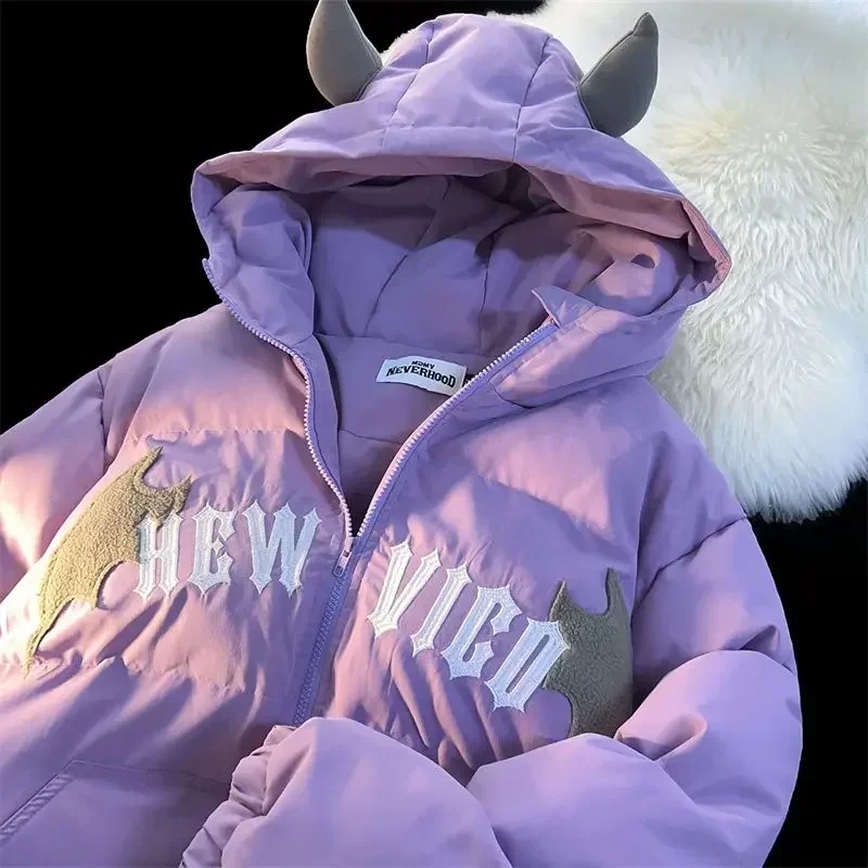 Winter New Cotton Jacket Devil Wing Embroidery Bread Jackets Men's Women's Vintage Harajuku Casual Loose Hooded Cotton-padded 3