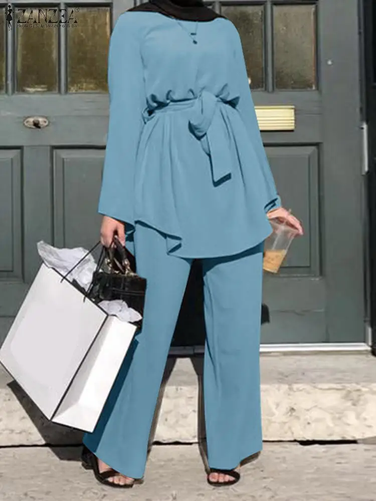 Muslim Sets Women Autumn Blouses ZANZEA Fashion Muslim Sets Long Sleeve Turkish Blouses Pants Abaya Solid Islamic Clothing 2PCS Oversized