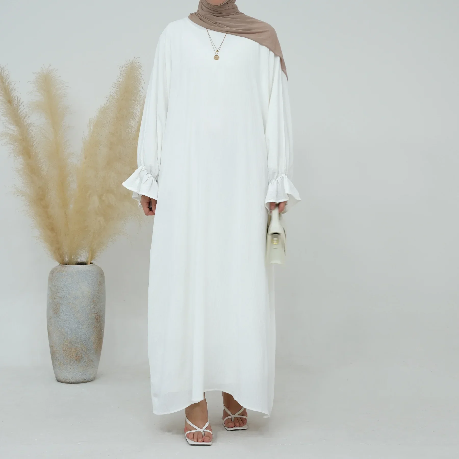 Ramadan Abaya for Women Crepe Crinkle Batwing Plain Muslim Hijab Dress Islamic Prayer Clothing Turkish Dubai Kaftan Robe Jilbab