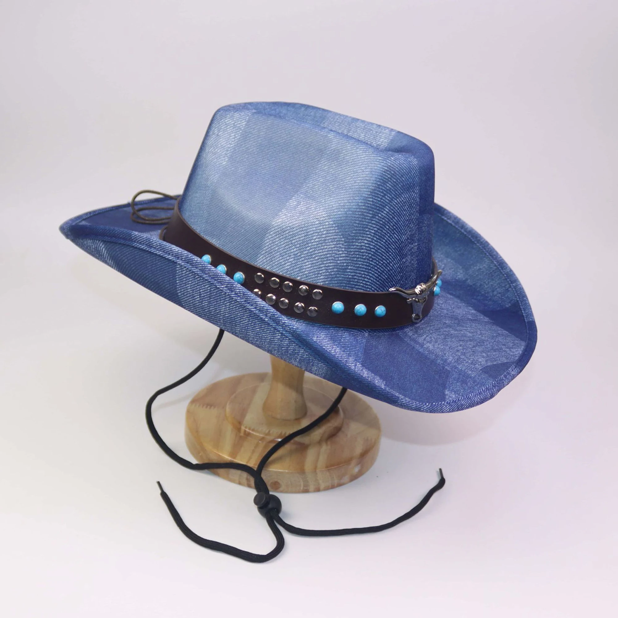 Stylish Unisex Denim Cowboy Hats with Bull Head Embroidery and Adjustable Wind Lanyard for Western Fashionistas