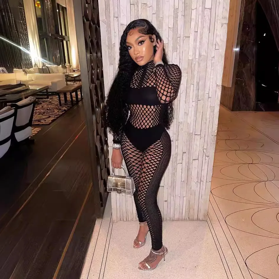 

2024 O-Neck Full Sleeve Women Jumpsuits Mesh Hollow Out Casual Rompers Night Club One Piece Sexy Perspective Outfits