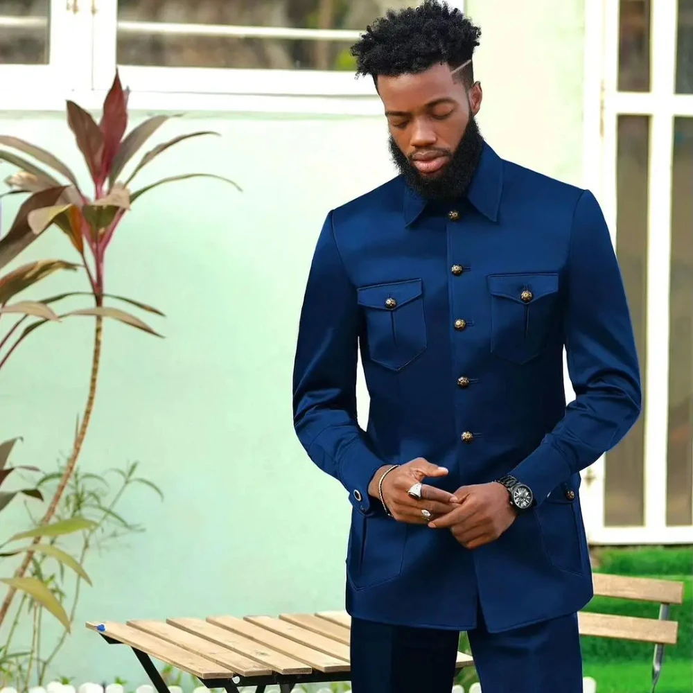 

Мужской однотонный костюм из пиджака и брюк, темно-синий однобортный смокинг с воротником-стойкой, повседневный деловой костюм из 2 предметов, 2019