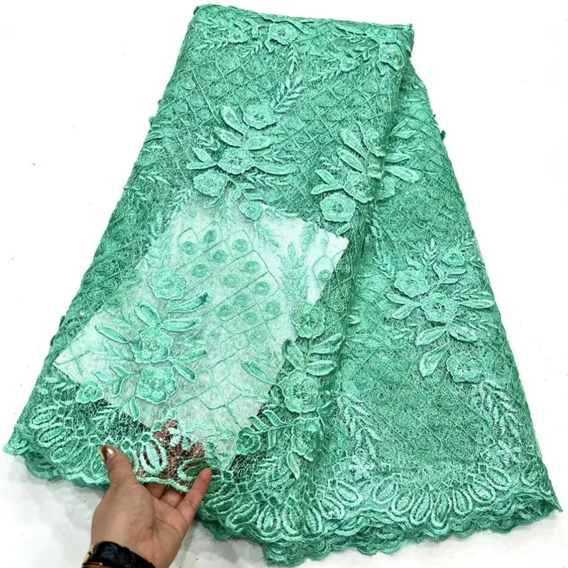 

Mint Green African Guipure Lace Fabric 2023 High Quality Lace Nigerian Cord Lace Fabrics With Sequins For Wedding Sewing