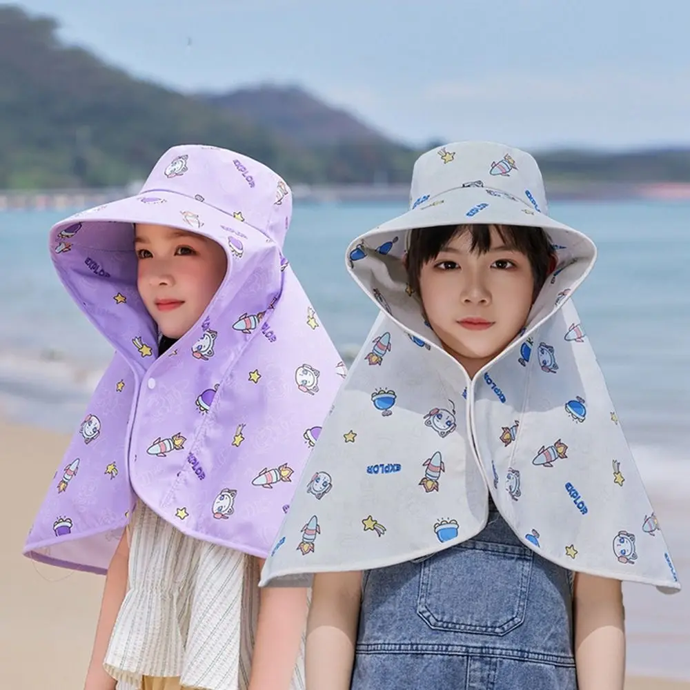 Big Brim Baby Fisherman Hat Cartoon Sun Protection Kids Sunscreen Hat Shawl Bucket Cap Children Beach Cap for Boys and Girls