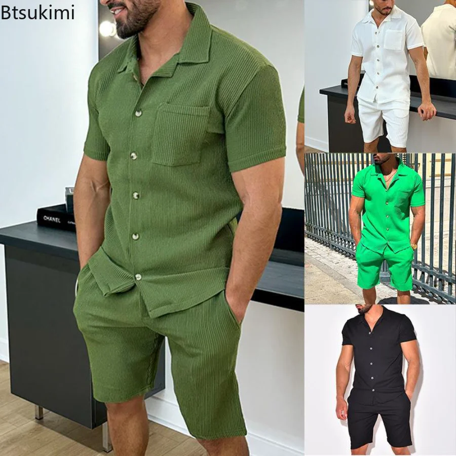 2023 Men's Summer Casual Shorts Sets Solid Mens Short Sleeve Buttoned Lapel Shirts + Shorts Sets Two Piece Streetwear Sets Male