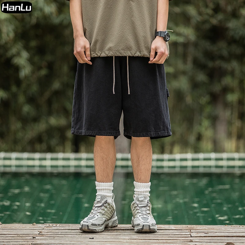 Men's Summer New Casual Work Shorts Men's Retro Ribbon Design Solid Elastic Waist Men's Shorts