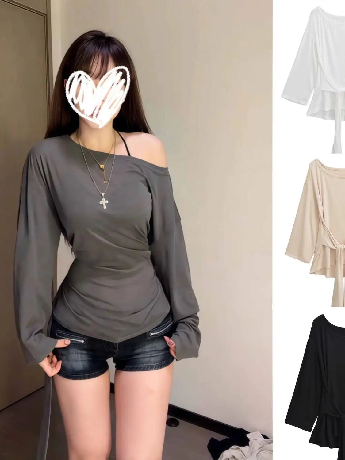 Slim Fit Long Sve T-irt Lightweight Loose Design Belted Summer Transparent Waist-Cinching Top Women's Faion