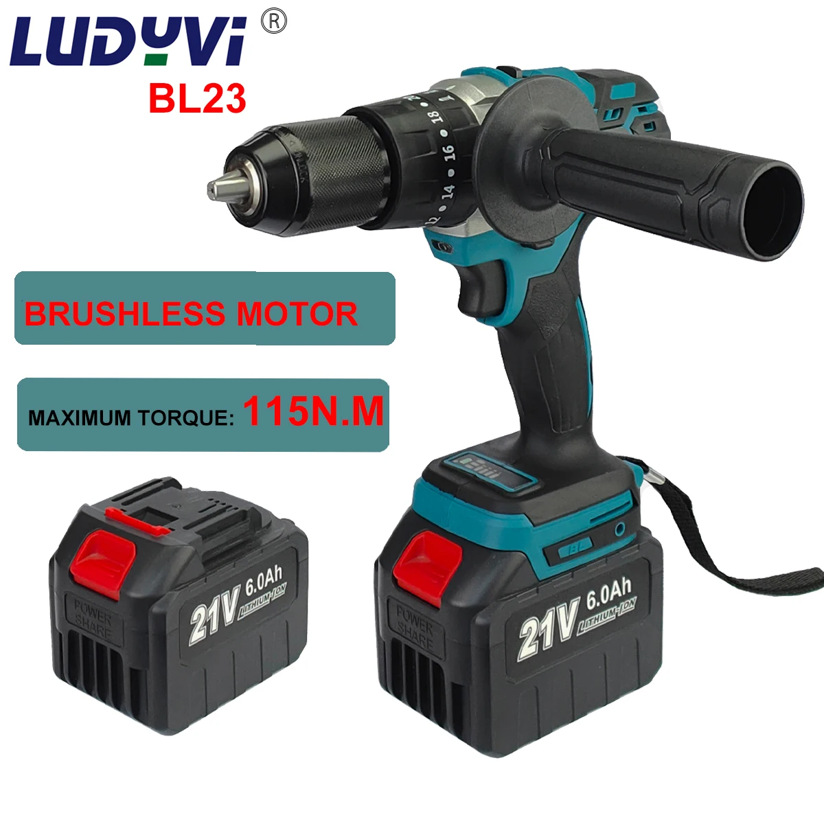 21v 13mm Brushless Electric Drill 115n/m 4000mah Battery Cordless
