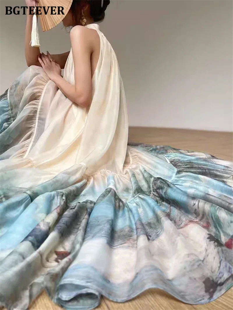 فستان نسائي بوهيمي لحفلات الشاطئ مع حمالة ، فستان فضفاض مطبوع بدون أكمام ، خصر مرتفع ، صدرية ضيقة على شكل خط ، مثيرة أنيقة ، صيفية