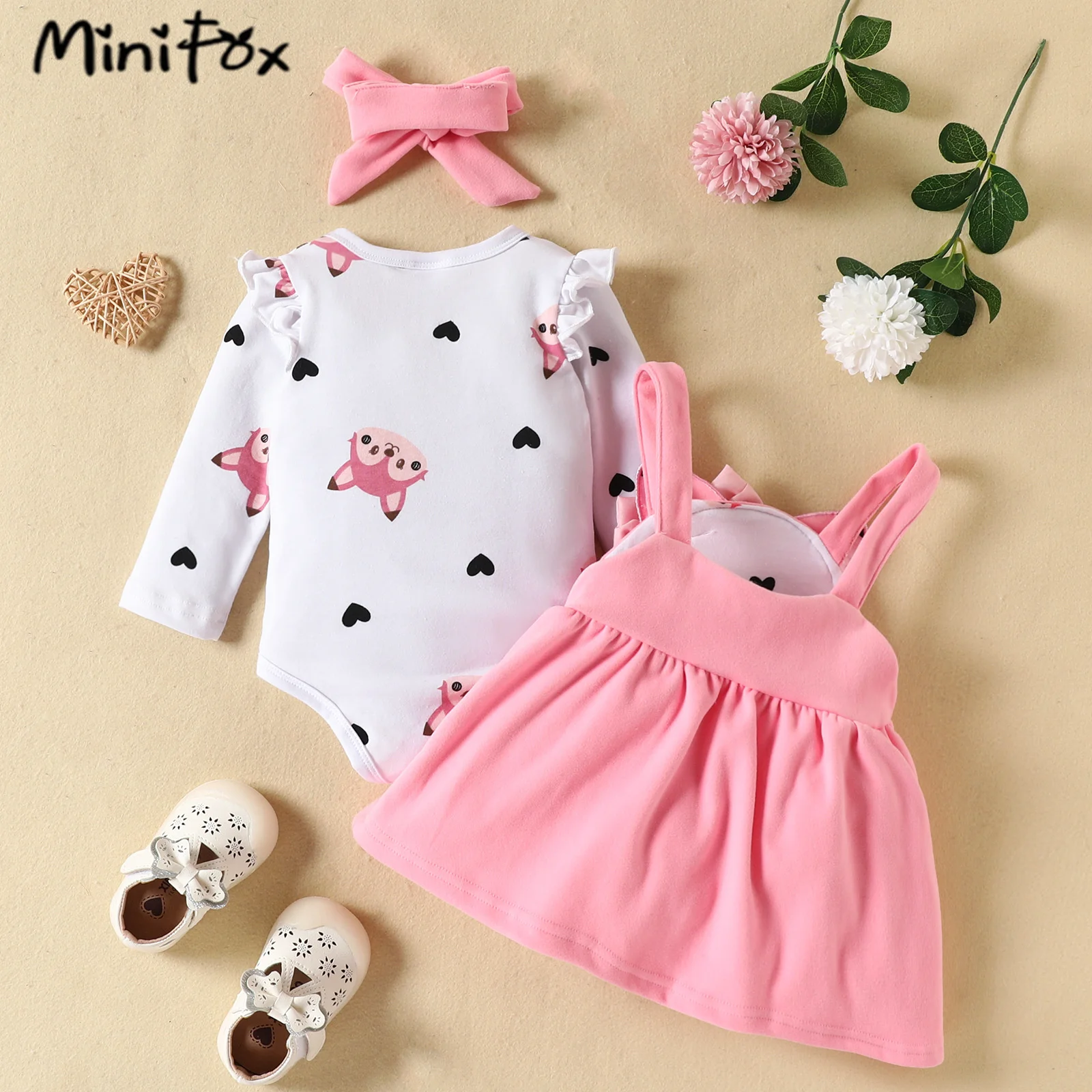 Prowow Cute Fox Baby Dresses 3pcs Set Heart Print Romper+Suspender
