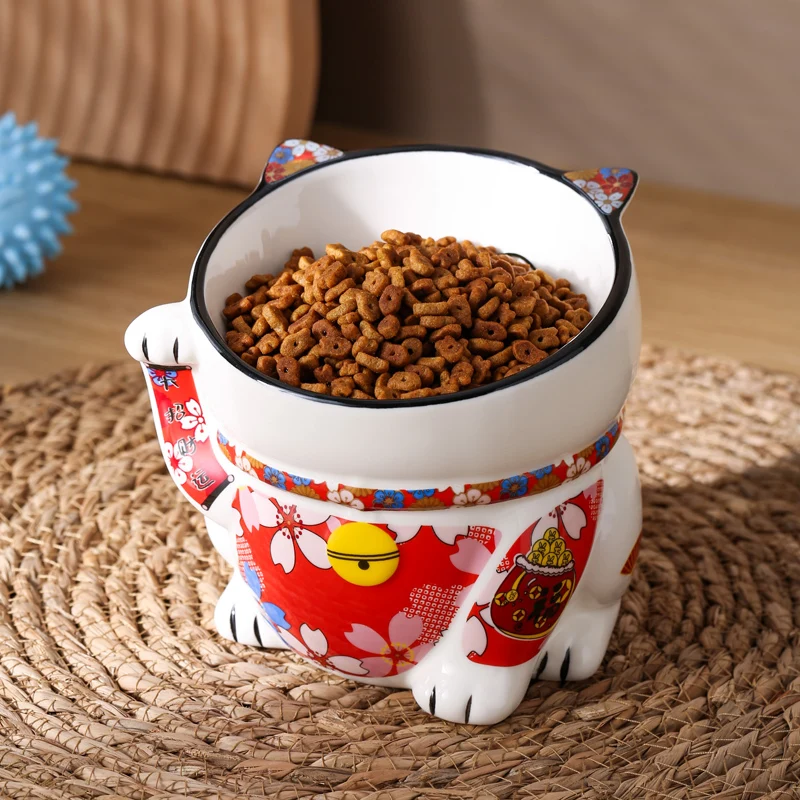 Pet Supplies Ceramic Cat Bowl Food Basin Tall Cat Bowl Oblique Japanese Style Wind Cute