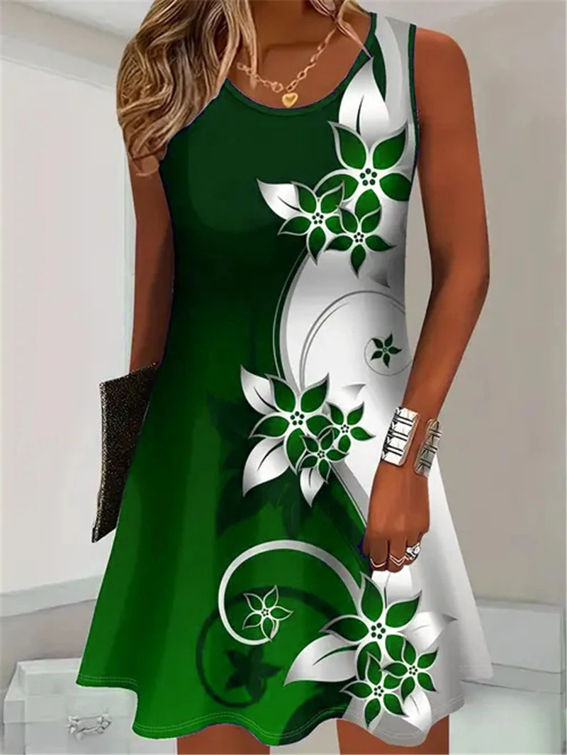 Fashion Floral Pattern Women Mini Dresses Summer Sleeveless Flower 3D Print Street Trend Ladies Dress 3XL Plus Size Casual Dress