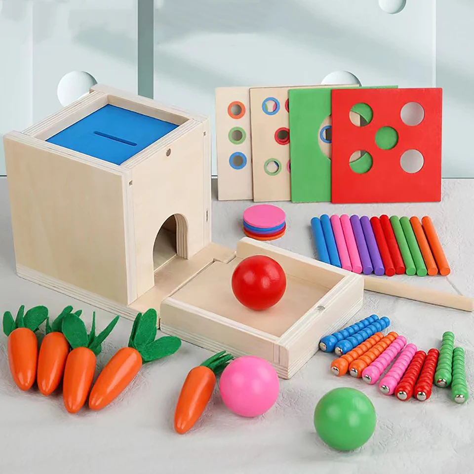 Juguetes de madera Montessori, Kit de juego, caja de permanencia