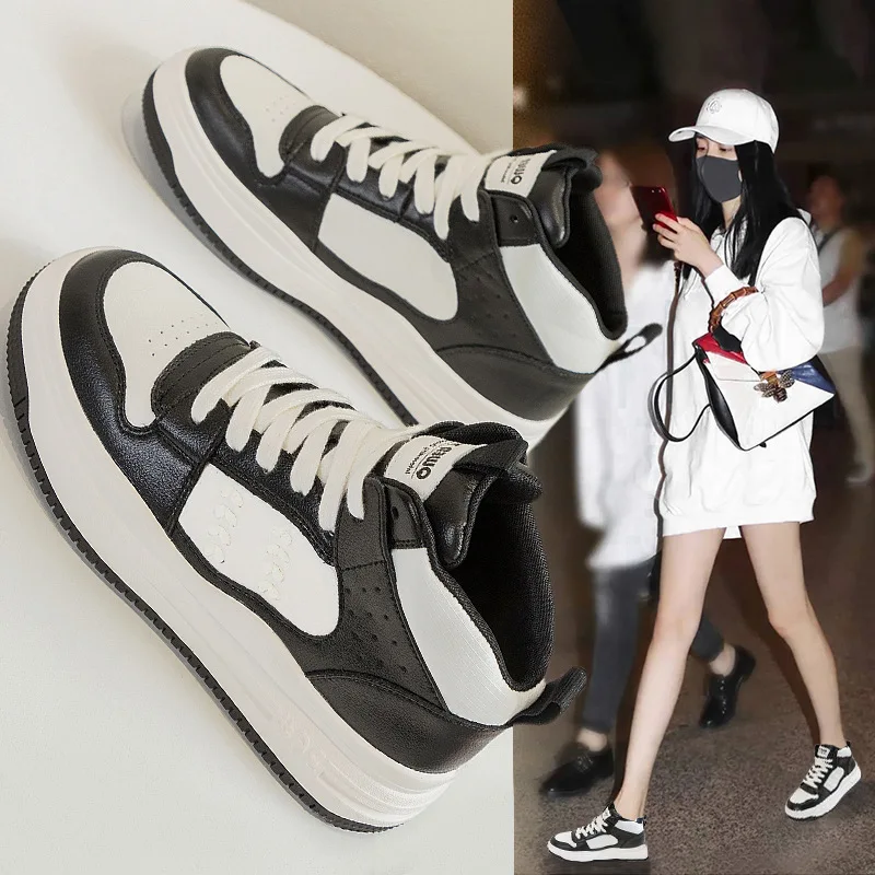 

High-top leather women's shoes 2023 autumn and winter new flat student fashion women's shoes tie-in sports casual shoes trend