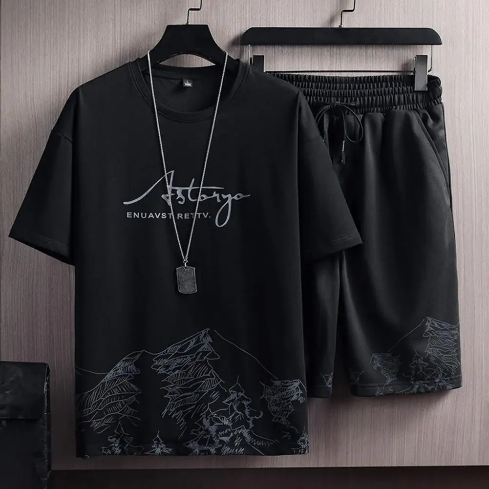 

Trendy Pockets Knee Length Mountain Print Loose T-shirt Loose Shorts Sport Suit Thin Casual Outfit Daily Garment
