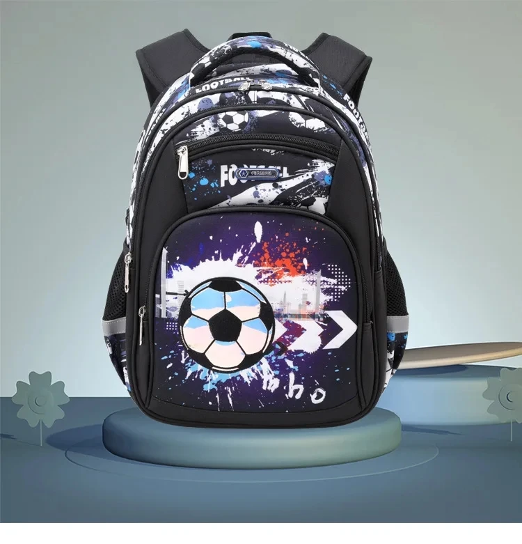 Football print school backpack front view Blue nylon boys