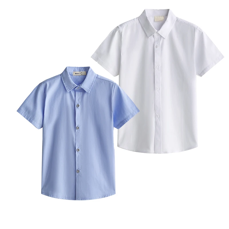 Children's White Shirt Boys' Short Sleeves Middle School Student Blue Tops Summer Performance Graduation Primary School Uniforms
