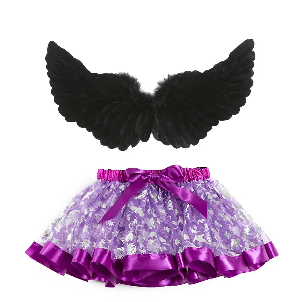 thumbnail image 1 of Vestido de tutú de Halloween para niñas, alas de plumas negras, falda de malla estampada de dos piezas para niños, cosplay de anime, 1 of 5