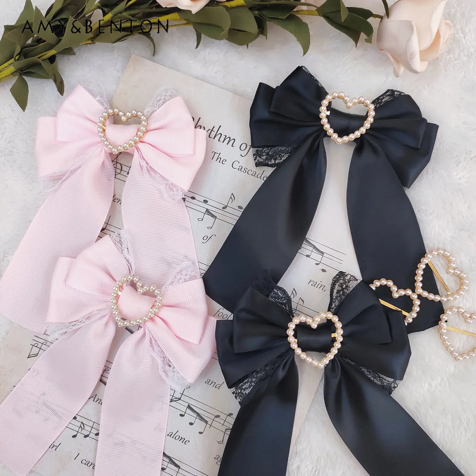 Lolita Japanese Korean Jewelry Hair Clip Women Lace Heart Shape Rhinestone Hairpin Heart Bow Sweet Cute Hairpin Side Clip floral and dragonfly handmade jeweled trinket box dragonfly and flower heart trinket box metal dragonfly jewelry box