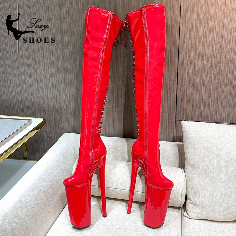 Rear Strap Ultrahigh Heel Platform Stripper Shoes For Women 26CM Heels Over-the-Knee Strap Trend 2024 Ladies Patent Leather Boot