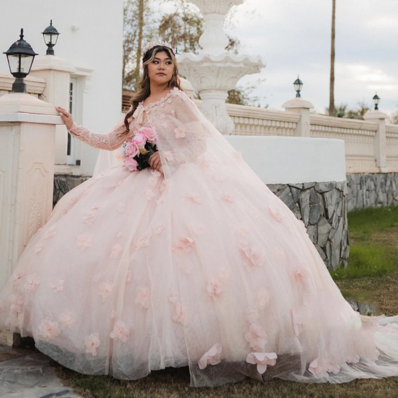 

Розовое блестящее бальное платье, платье для Quinceanera, корсет, Кружевная аппликация, цветочное Бисероплетение, блестки с накидкой, милое платье 16, Vestidos De XV 15