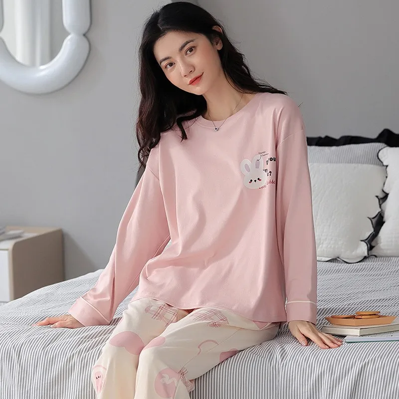 Spring Autumn Women's Combed Cotton Pajamas Long Sleeve Pants Home Clothing Set Sweet Cute Cartoon Loose Sleepwear