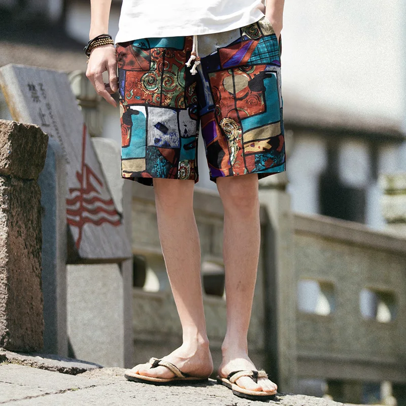 2023 Summer New Boutique Flower Cotton Linen Men's Casual Beach Shorts Men's Comfortable Breathable Leisure Shorts Male 4