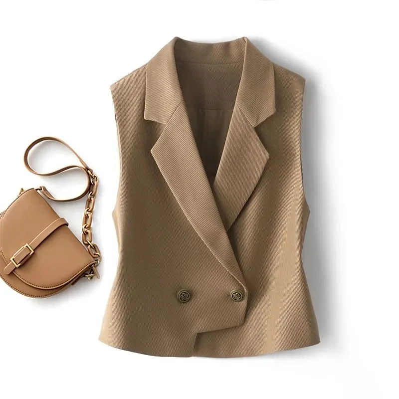 

Женский двубортный блейзер без рукавов, винтажный офисный блейзер с лацканами, жилет, повседневный пиджак для осени, 2024