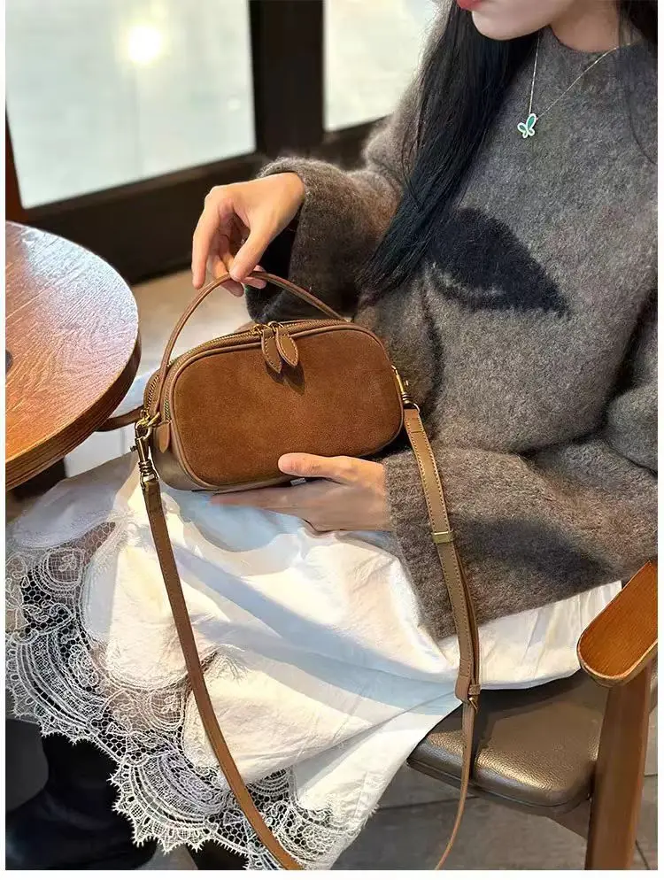 Women's Genuine Suede Cowhide Leather Shoulder Bag - Styling example