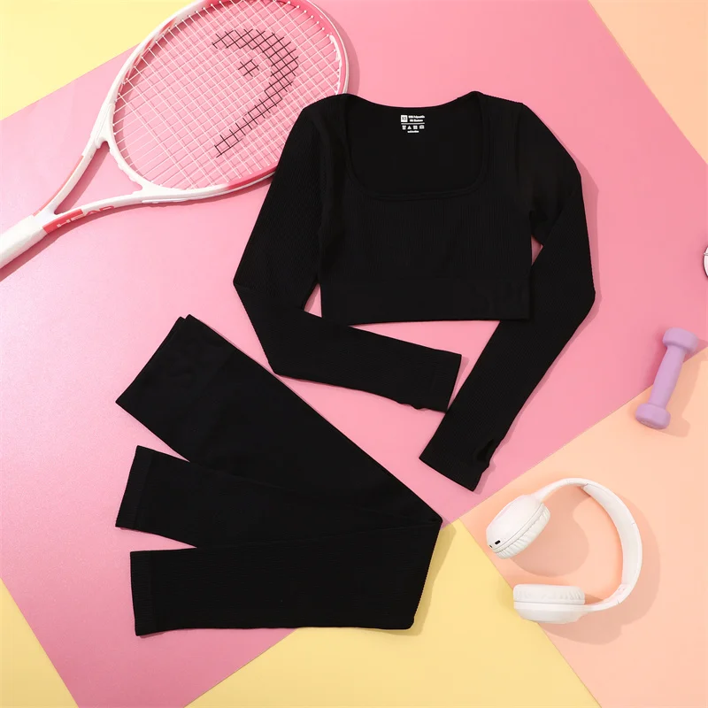 Description Picture 3 of itemWomen Seamless Yoga Shirts Long Sleeve Fitness Running Gym Clothes Workout Outfits High Waist Leggings Sports High Elastic Crop