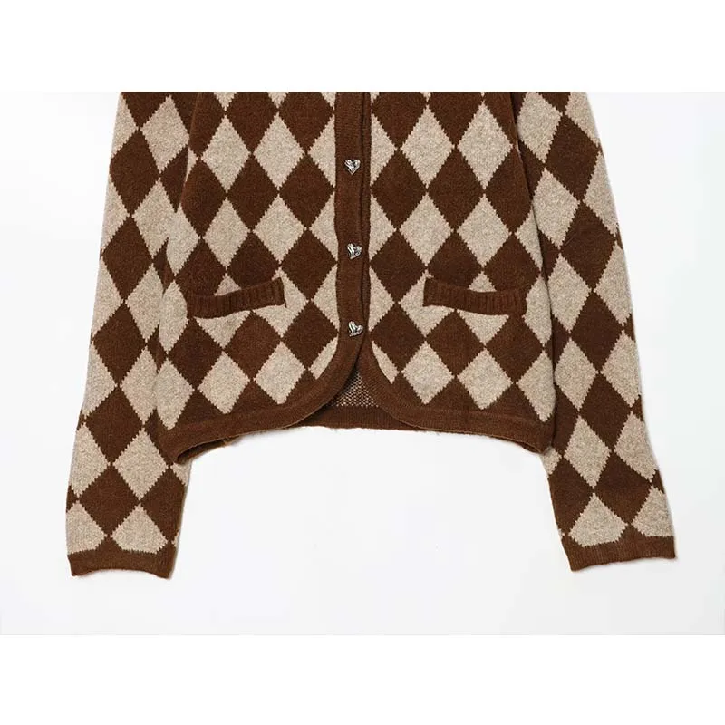 Vintage Casual Chic Women Sweater Argyle O-Neck Long Sleeve Pockets Knitted Cardigans Fashion 2025 Autumn Winter Sweater