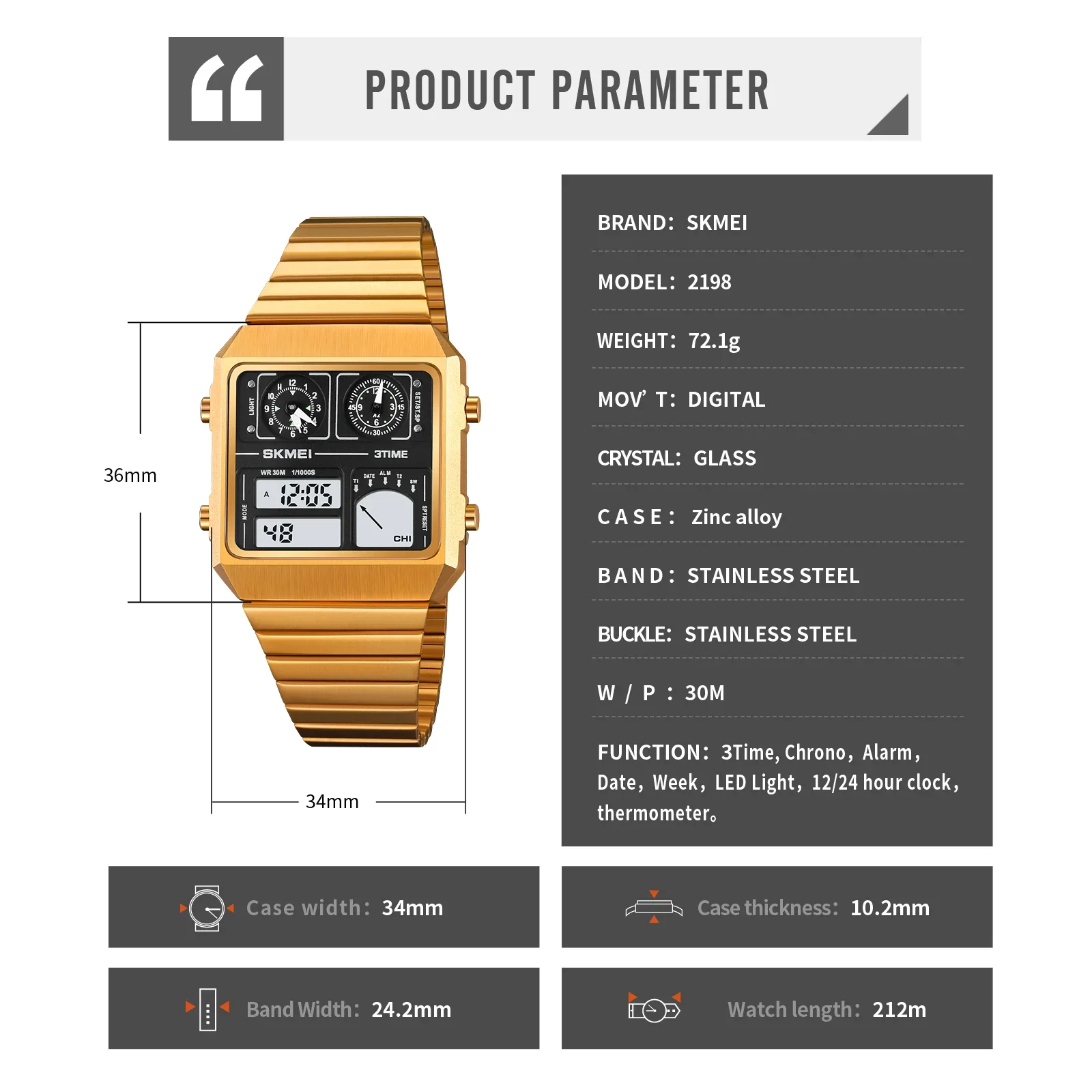 SKMEI 2198 Sports Watch Men's Leisure Business Electronic Watch LED Digital Watch Waterproof Digital StainlessSteel Thermometer 6