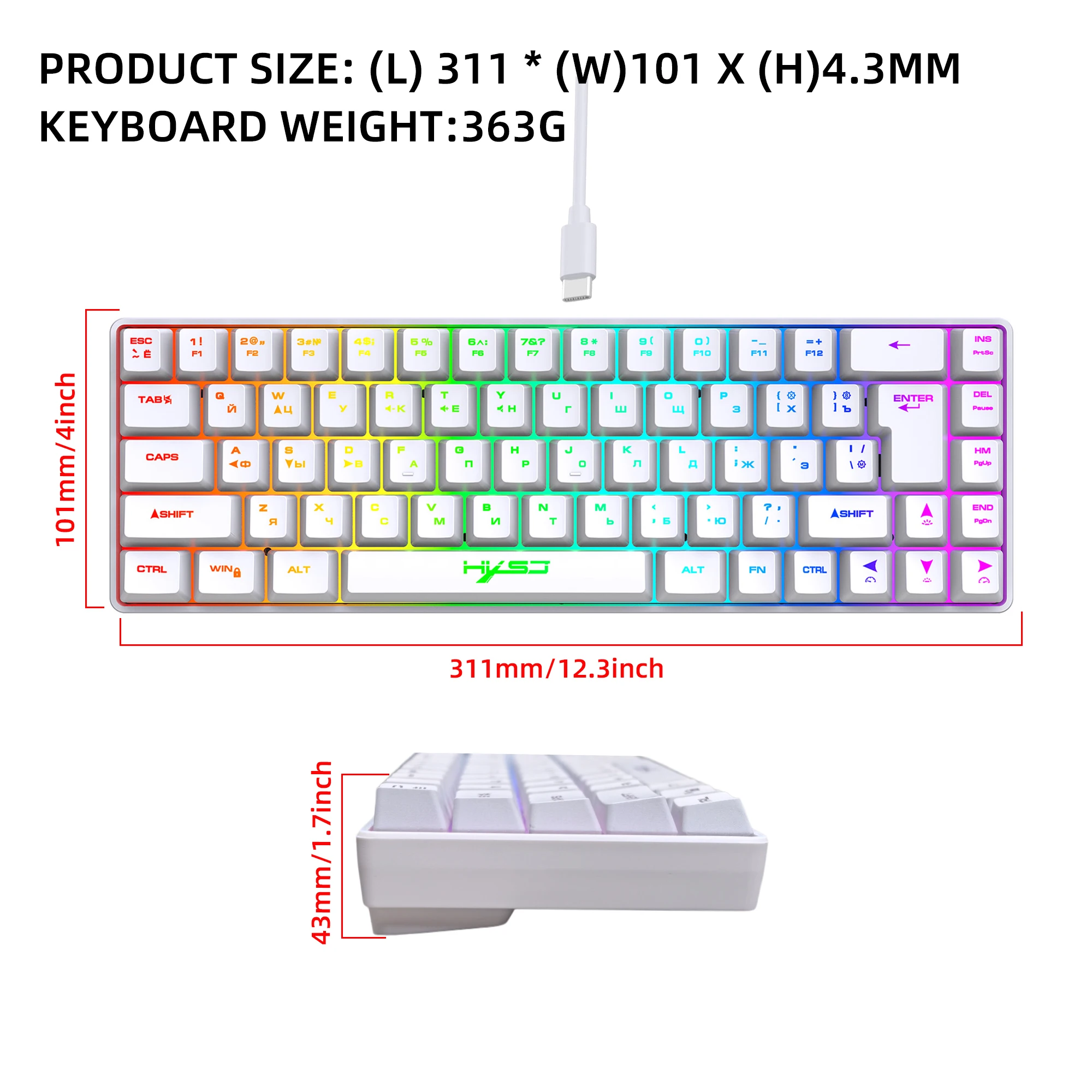 Russian Layout 68 Keys Gaming Keyboard Wired Portable 20 RGB Backlight Russian Alphabet Keyboard for Windows Laptops Computer