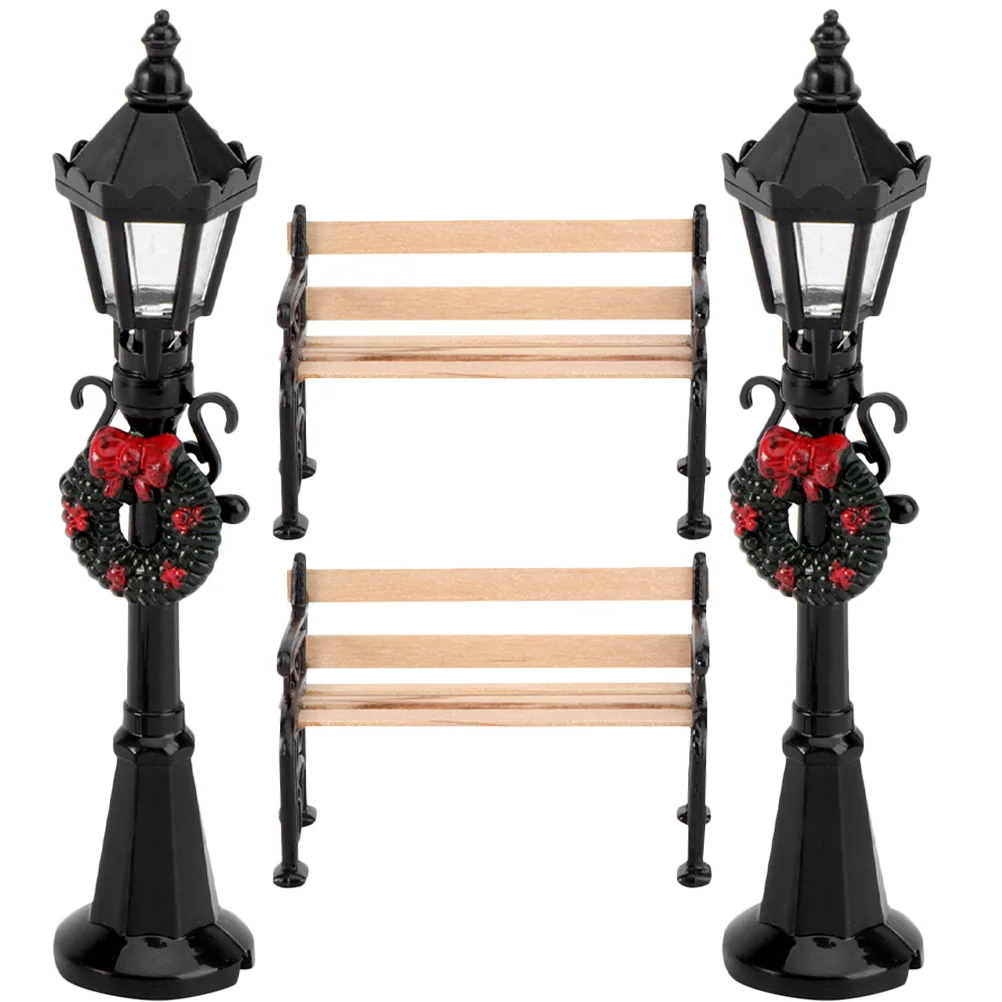 

4 Pcs Bench Mini Street Light Miniature Lamp Post 1/12 Scale Accessories Combination Figure Lights Figurines