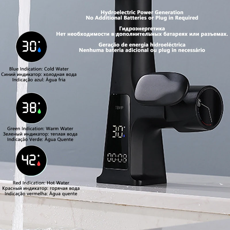 

Vidric Black Bathroom Basin Faucet Brass Digital Display Waterfall Tap Cold And Hot Water Pull Out Bathroom Sink Mixer Crane