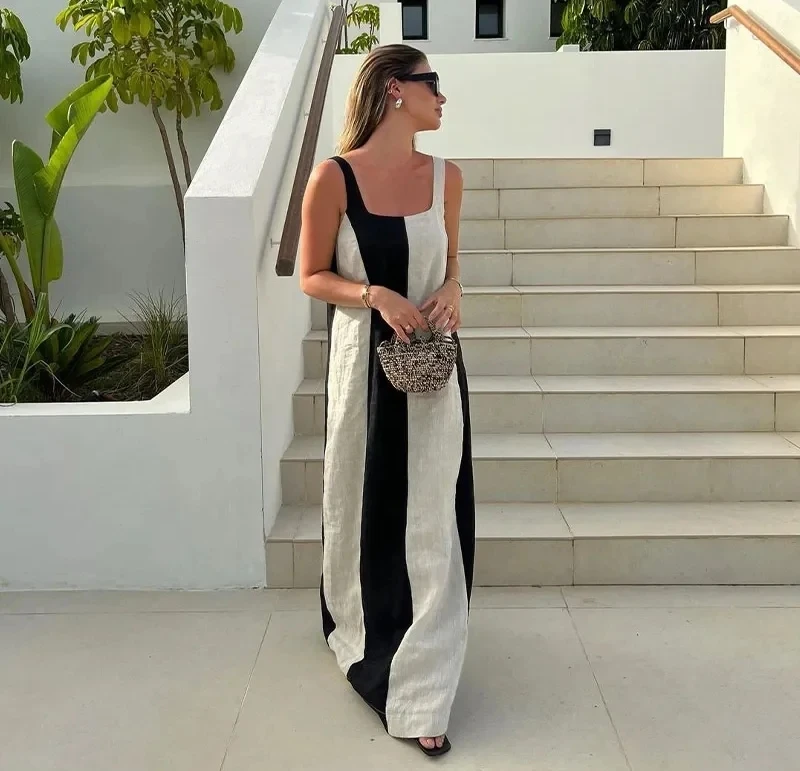 

TRAF Women Holiday Midi Dress Summer 2024 Beach Long Loose Tank Dresses Casual Sleeveless Splice Maxi Vestidos Fashion Robe Lady