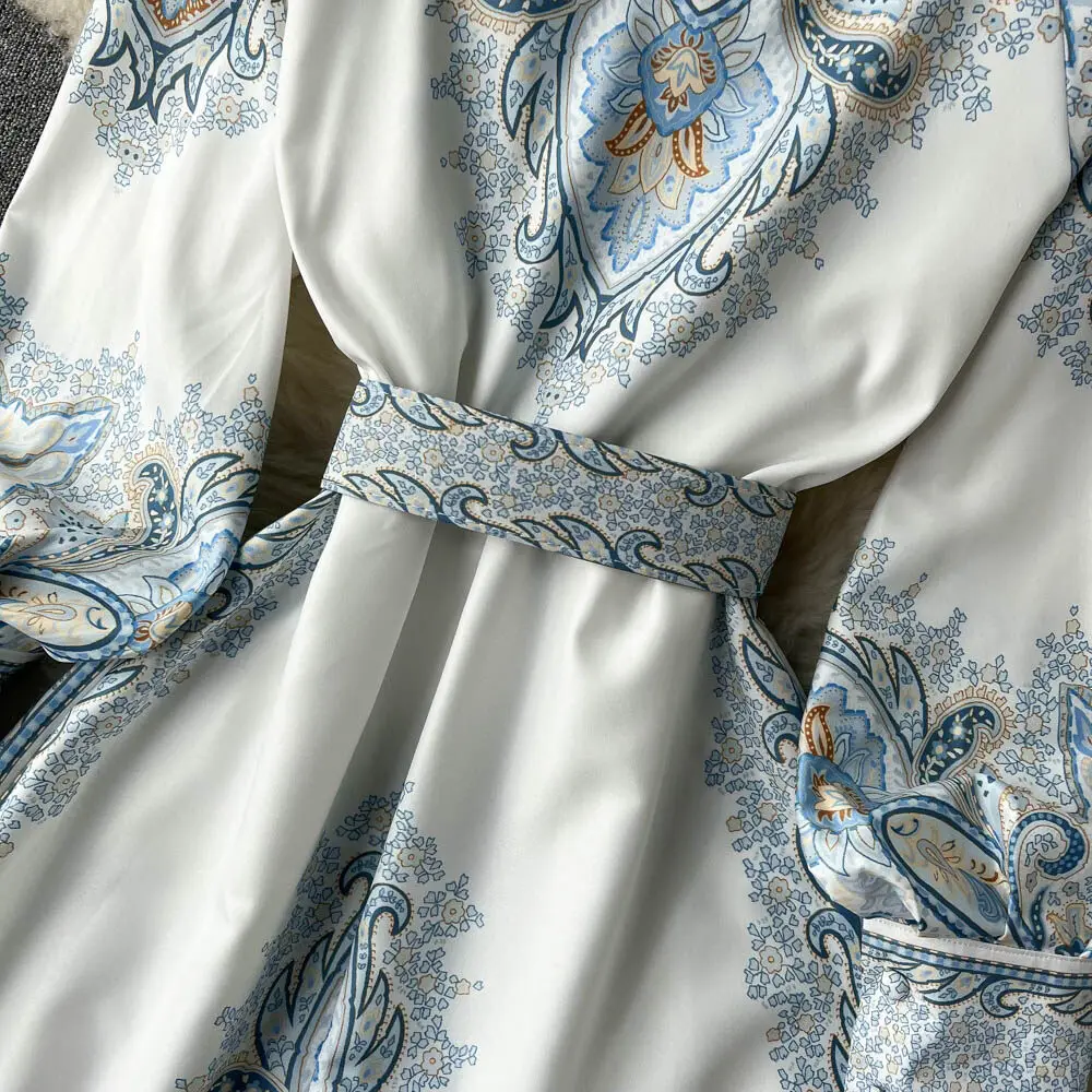 Nuevo vestido de fiesta vintage para mujer, moda de manga larga, botonadura sencilla, cuello alto, elegante, estampado, vestidos largos, primavera y otoño.